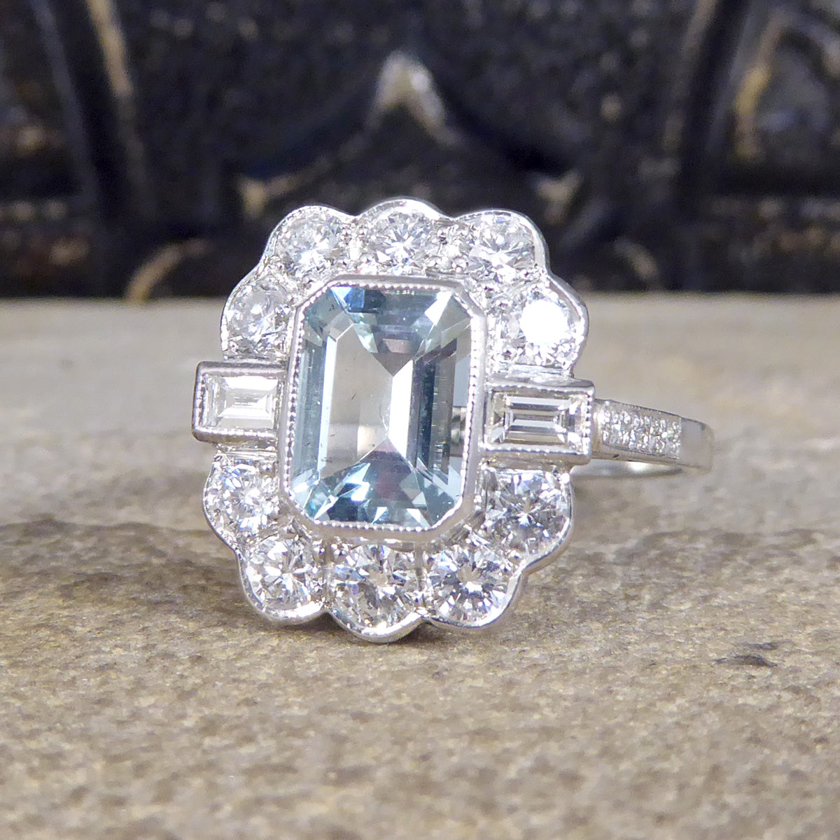 Contemporary Edwardian Style 1.30ct Aquamarine and Diamond Ring in Platinum - Wharfedale Antiques