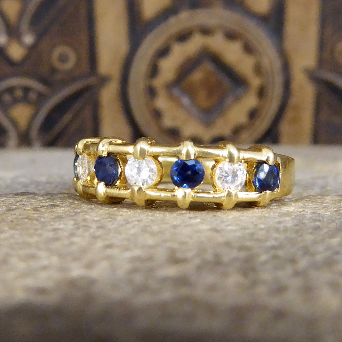 Unusual Sapphire and Diamond Spacer Ring in 18ct Yellow Gold