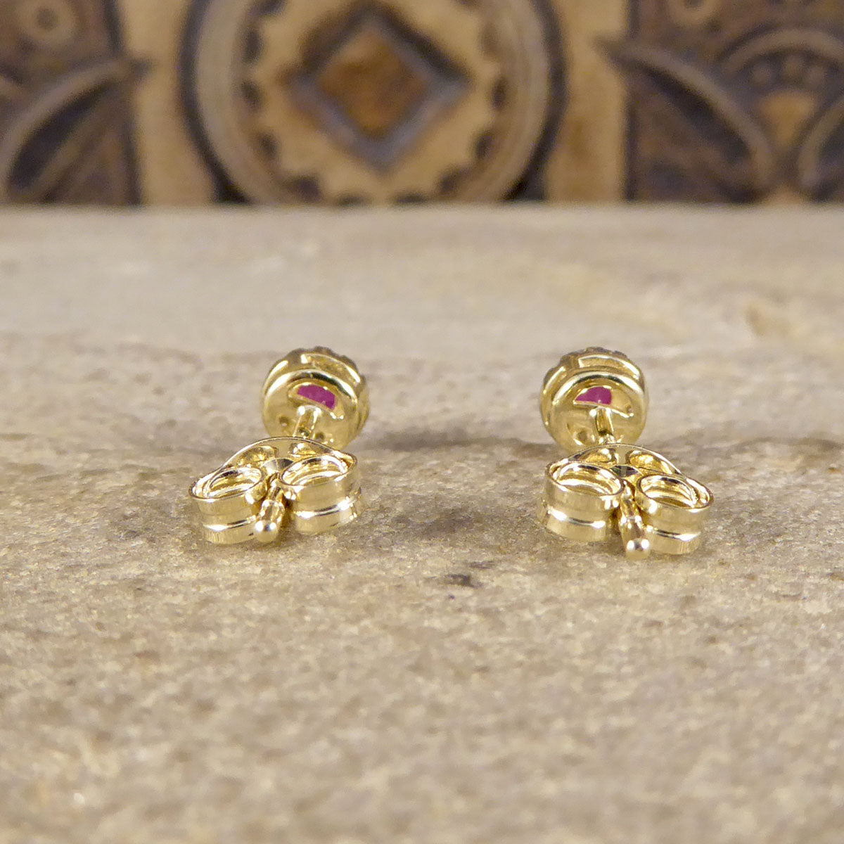 Ruby and Diamond Target Cluster Stud Earrings in 9ct Yellow and White Gold - Wharfedale Antiques