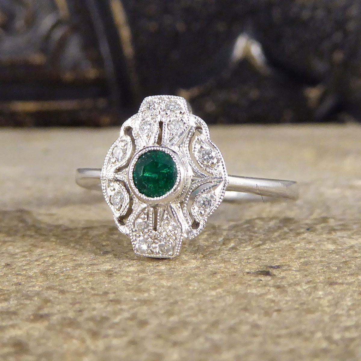 Premium Period Art Deco Replica Emerald and Diamond Plaque Ring in 18ct White Gold - Wharfedale Antiques