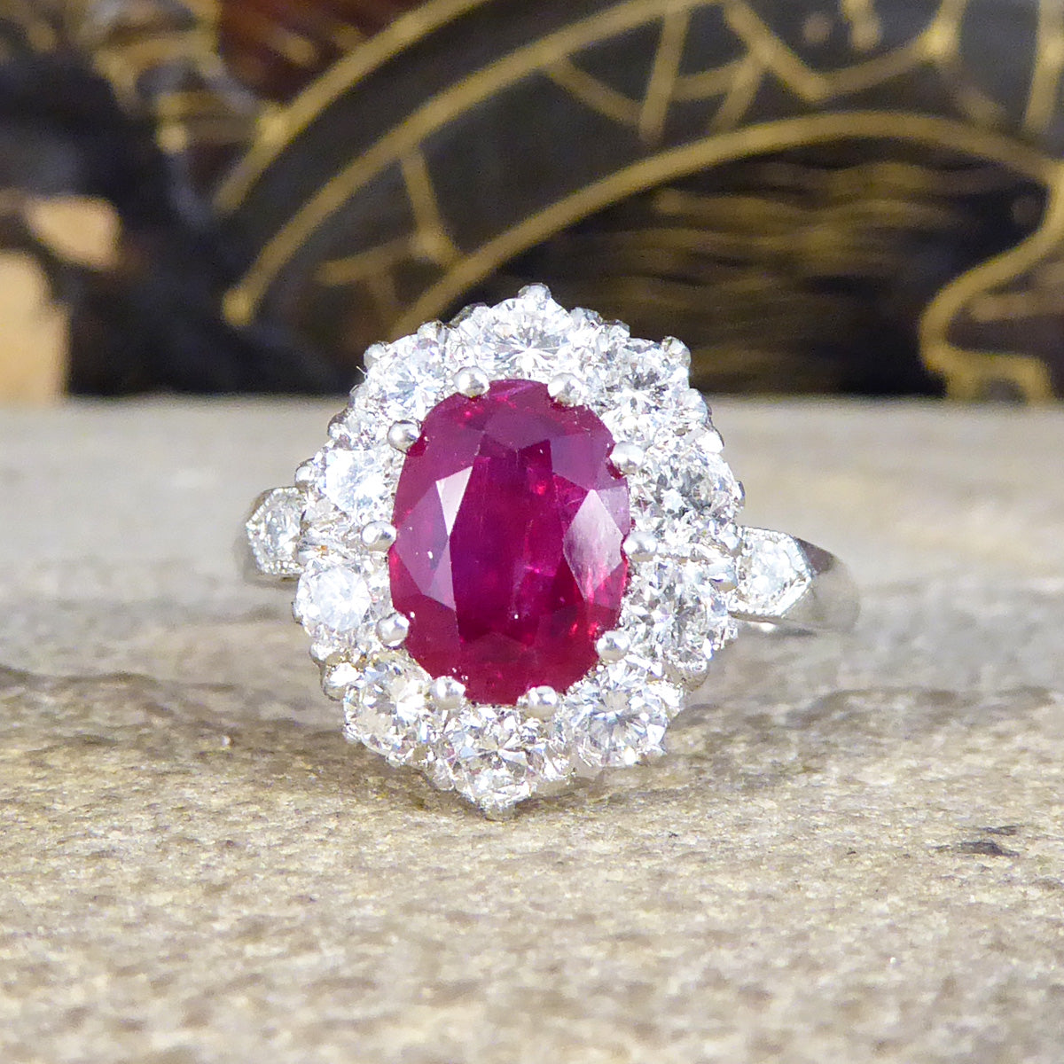 Contemporary 1.28ct Ruby and 0.95ct Diamond Cluster Ring in Platinum - Wharfedale Antiques