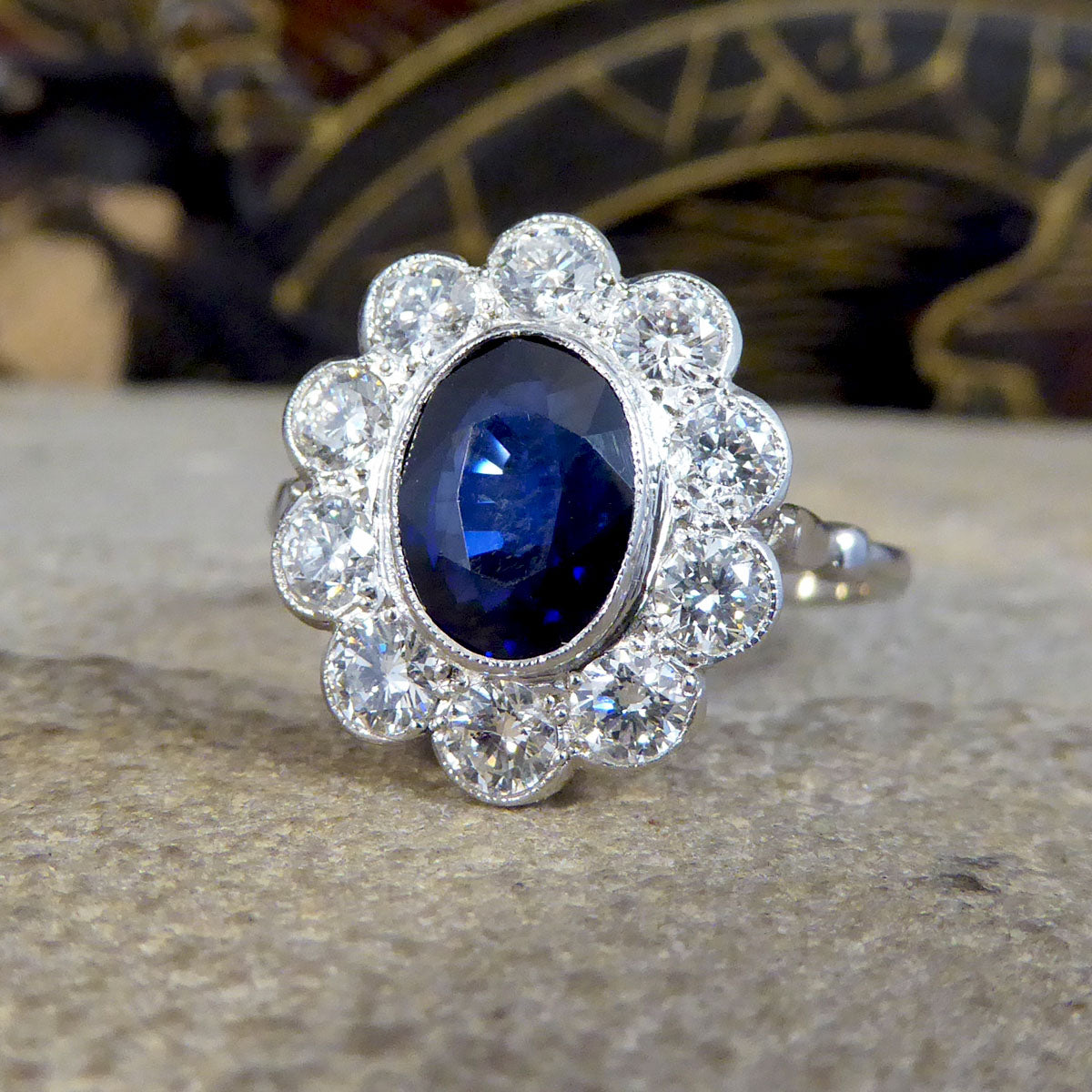 2.07ct Sapphire and 0.95ct Total Diamond Cluster Ring in Platinum - Wharfedale Antiques