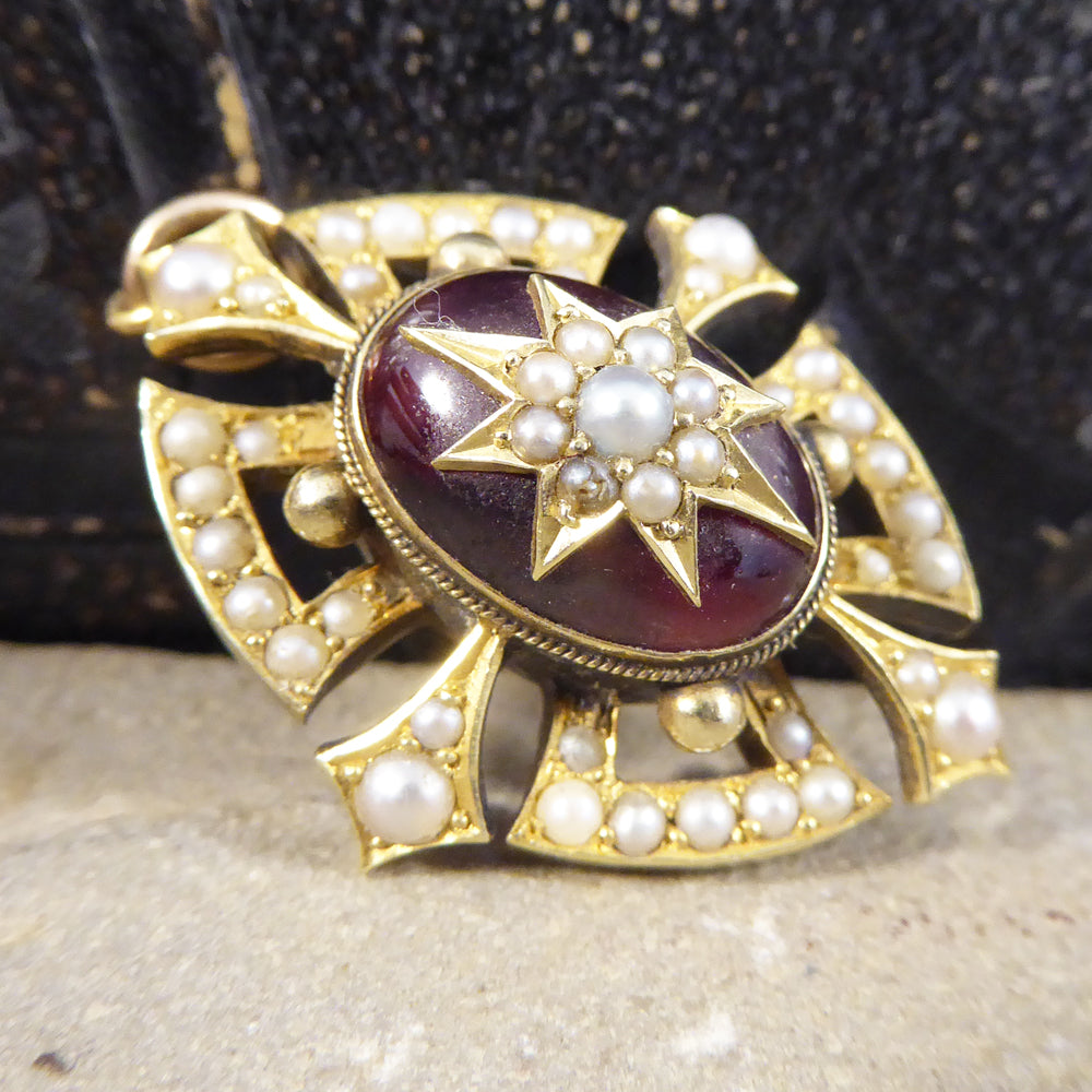 Victorian Cabochon Garnet and Seed Pearl Pendant in 15ct Yellow Gold - Wharfedale Antiques