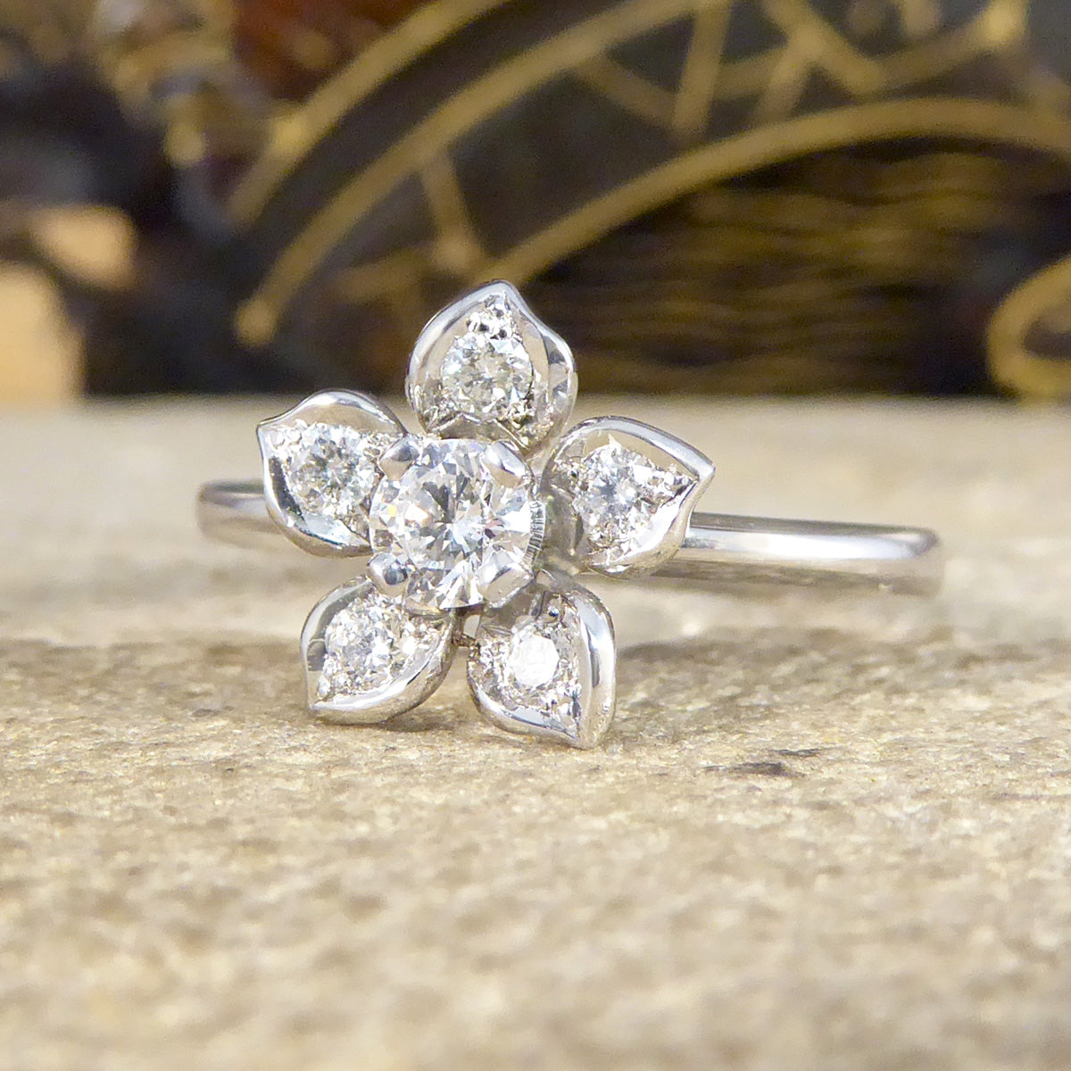 Modern Diamond Set Flower Ring in 18ct White Gold - Wharfedale Antiques