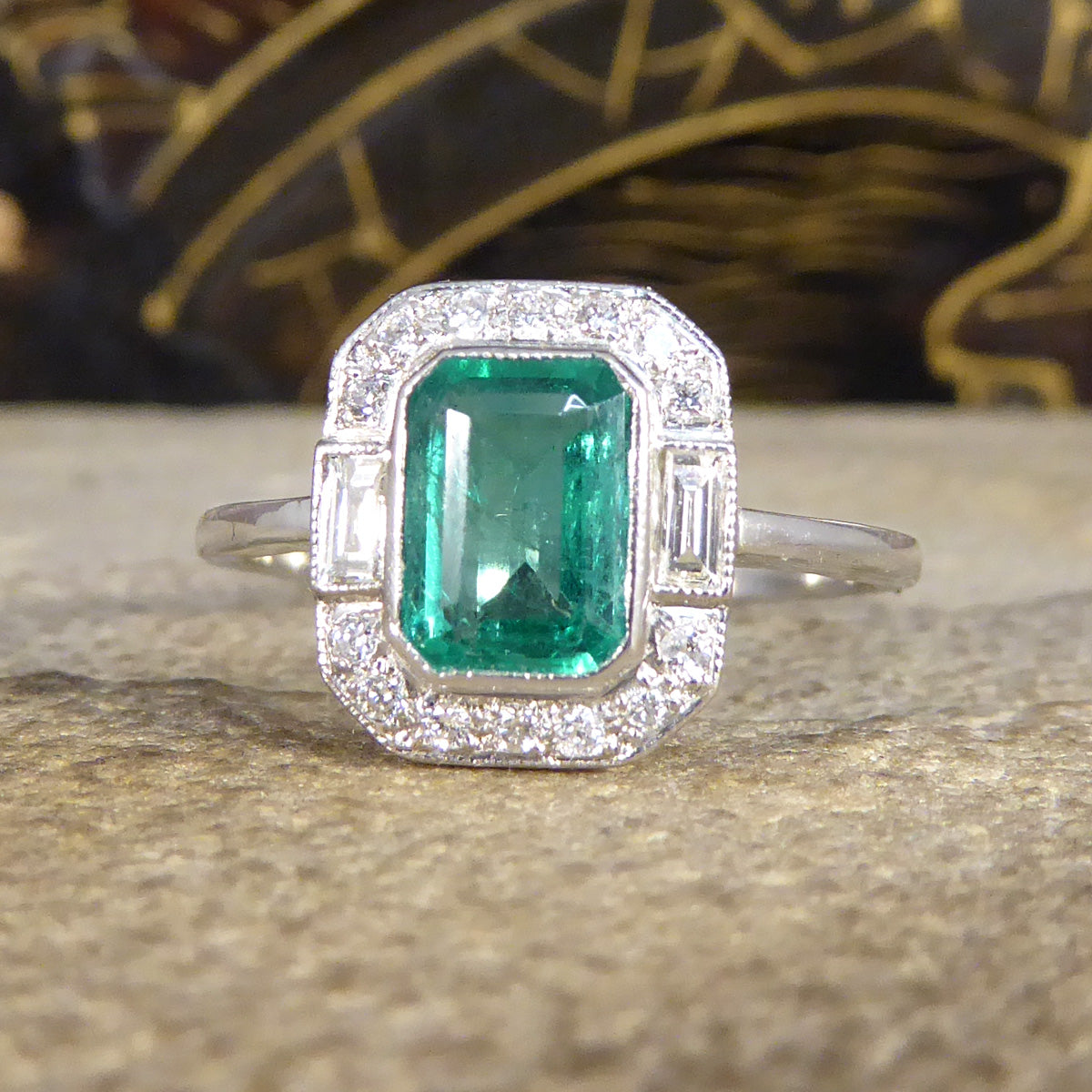 Art Deco Inspired 0.90ct Emerald and Diamond Cluster Ring in Platinum - Wharfedale Antiques