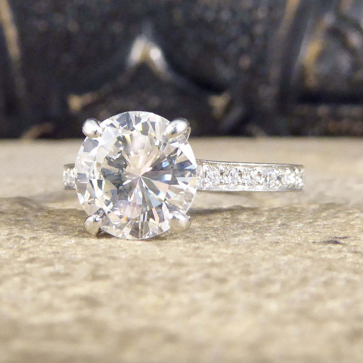 1.91ct Brilliant Cut Diamond Solitaire Engagement Ring with Diamond Shoulders in Platinum - Wharfedale Antiques