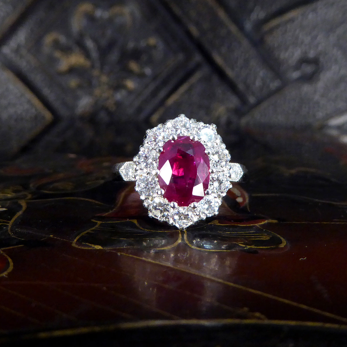Contemporary 1.28ct Ruby and 0.95ct Diamond Cluster Ring in Platinum - Wharfedale Antiques