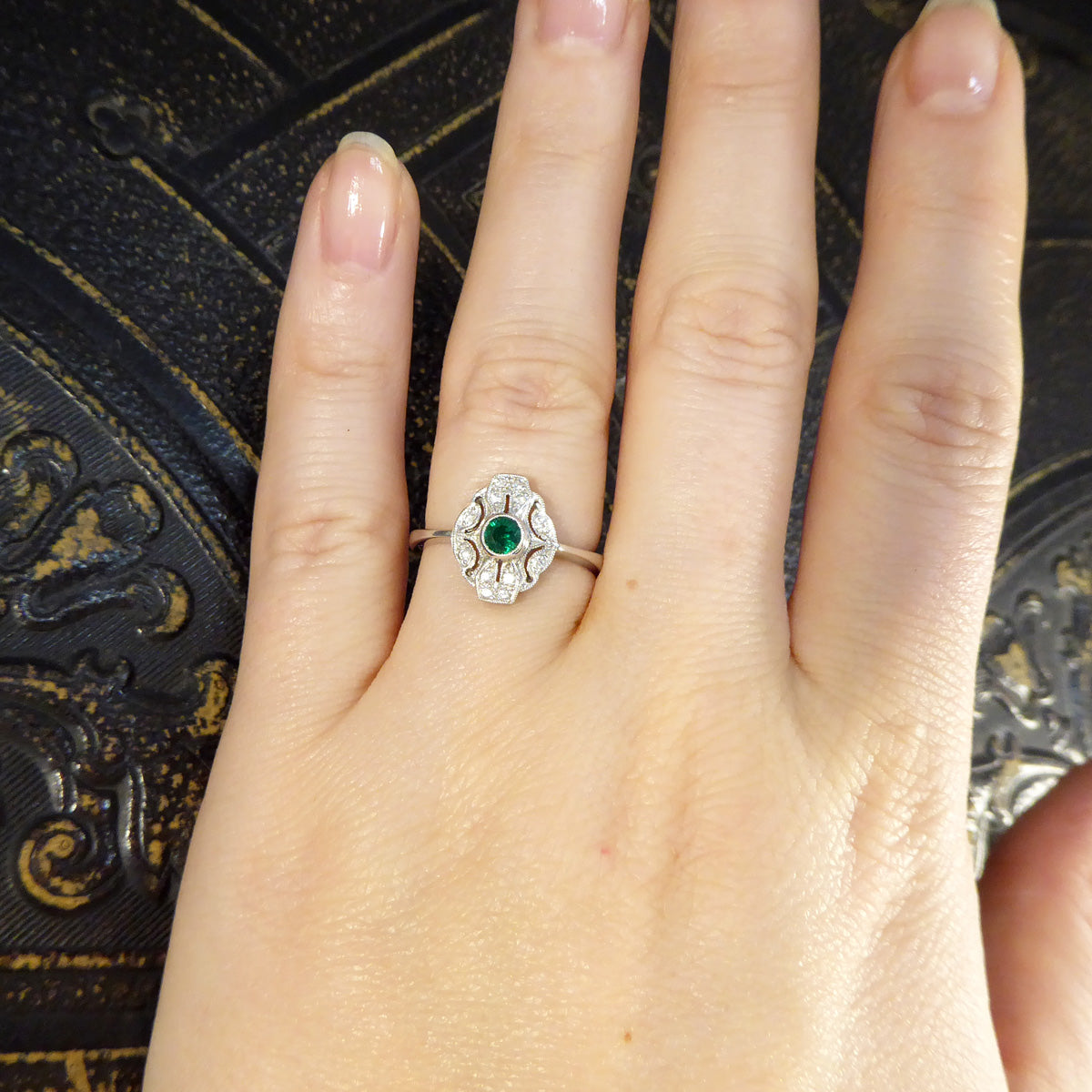 Premium Period Art Deco Replica Emerald and Diamond Plaque Ring in 18ct White Gold - Wharfedale Antiques