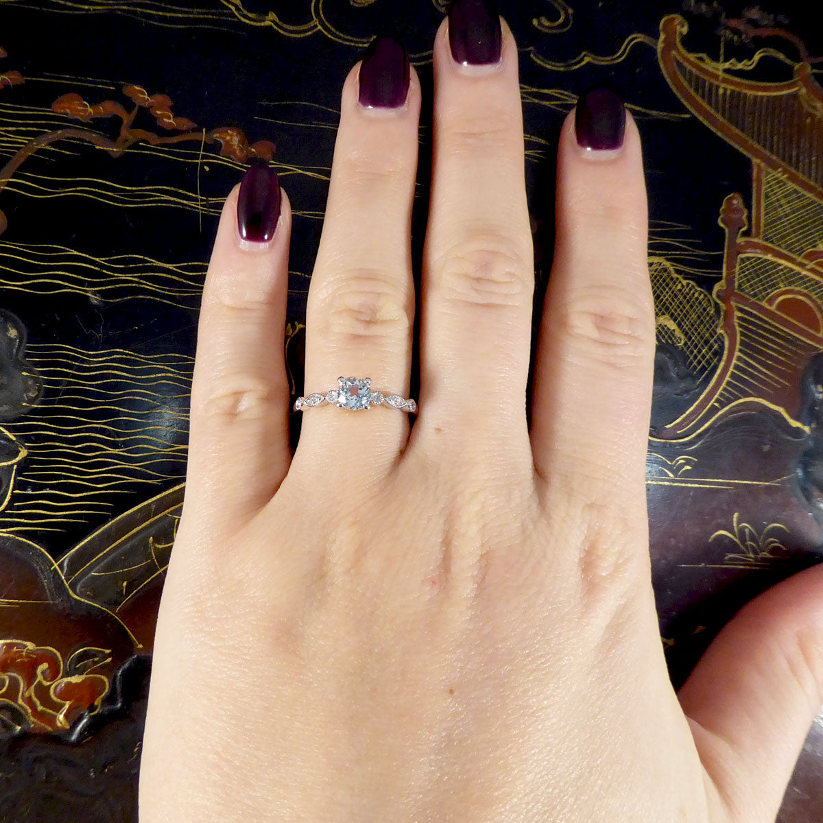 Aquamarine Solitaire Ring with Diamond Milgrain Shoulders in White Gold - Wharfedale Antiques