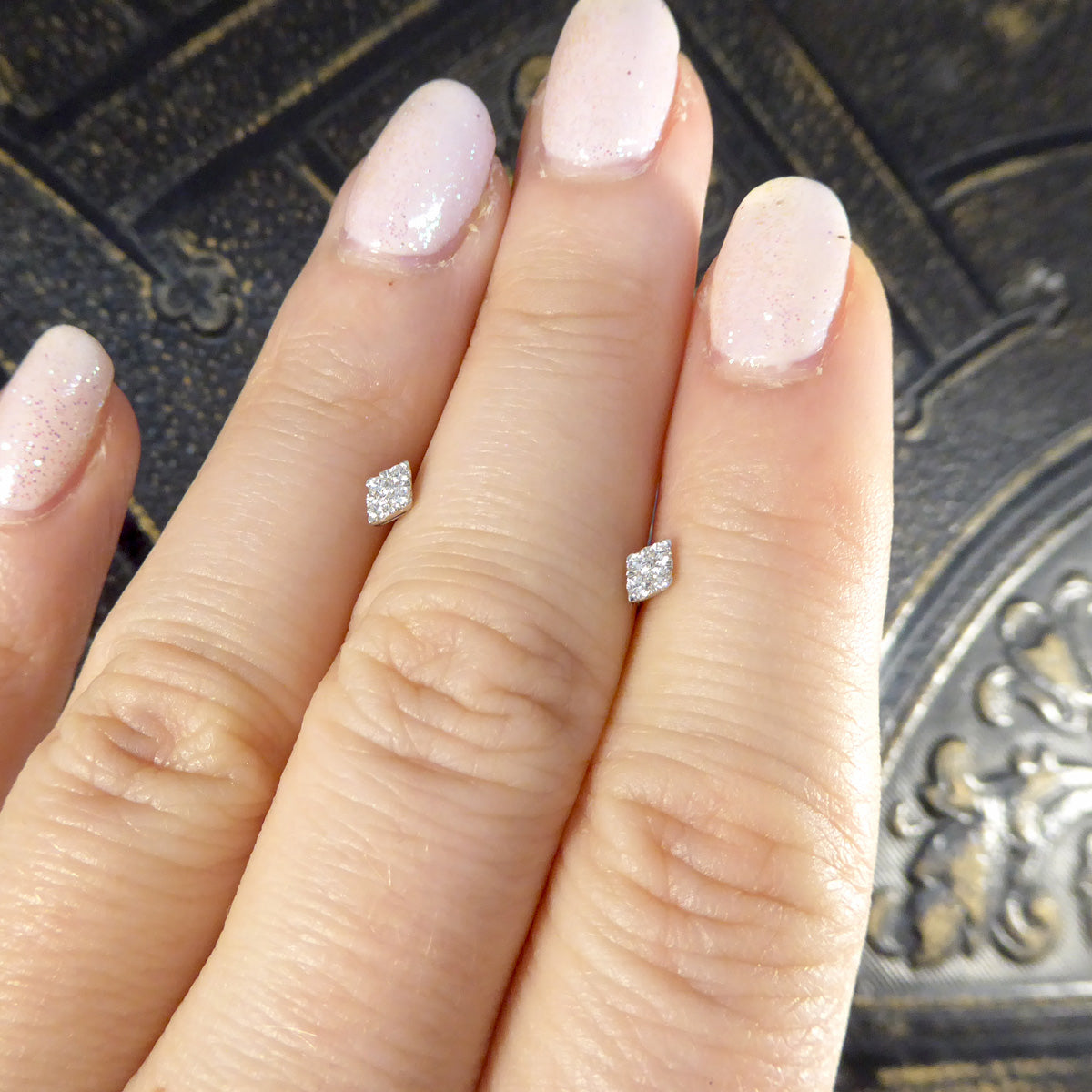 Contemporary Diamond Shaped Diamond Cluster Earrings in White Gold