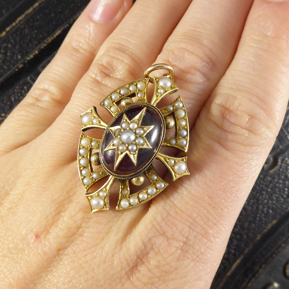 Victorian Cabochon Garnet and Seed Pearl Pendant in 15ct Yellow Gold - Wharfedale Antiques