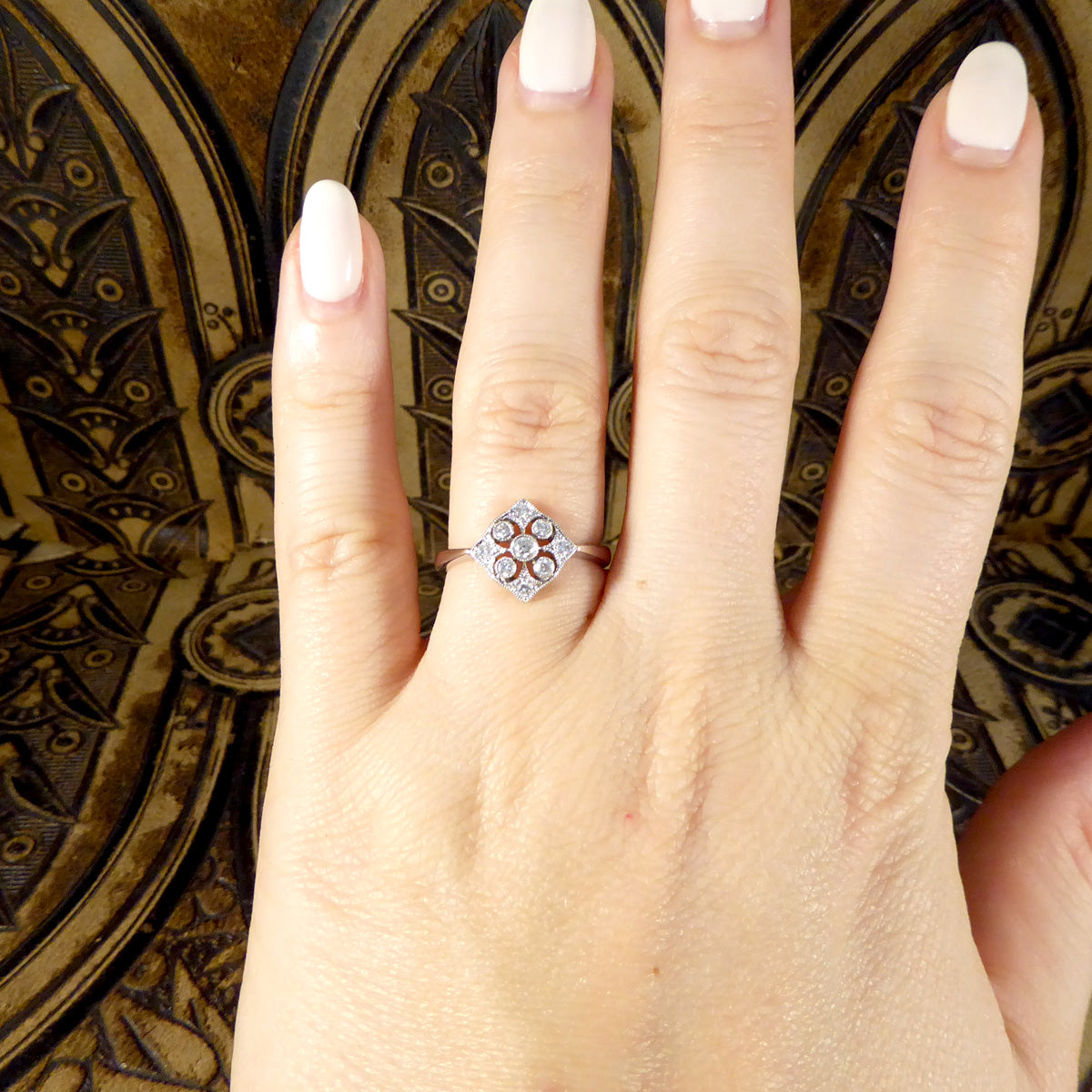 1920's Period Replica Geometric Pattern Diamond Ring in 18ct White Gold - Wharfedale Antiques