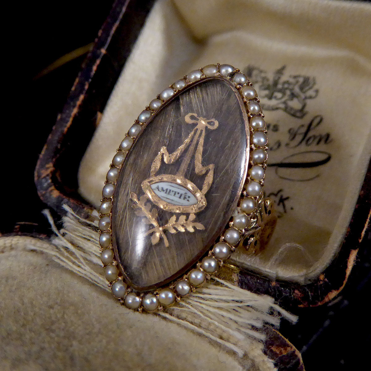 Antique Georgian Amitie Marquise Shaped Seed Pearl Memorial Ring with Platted Hair in Gold - Wharfedale Antiques