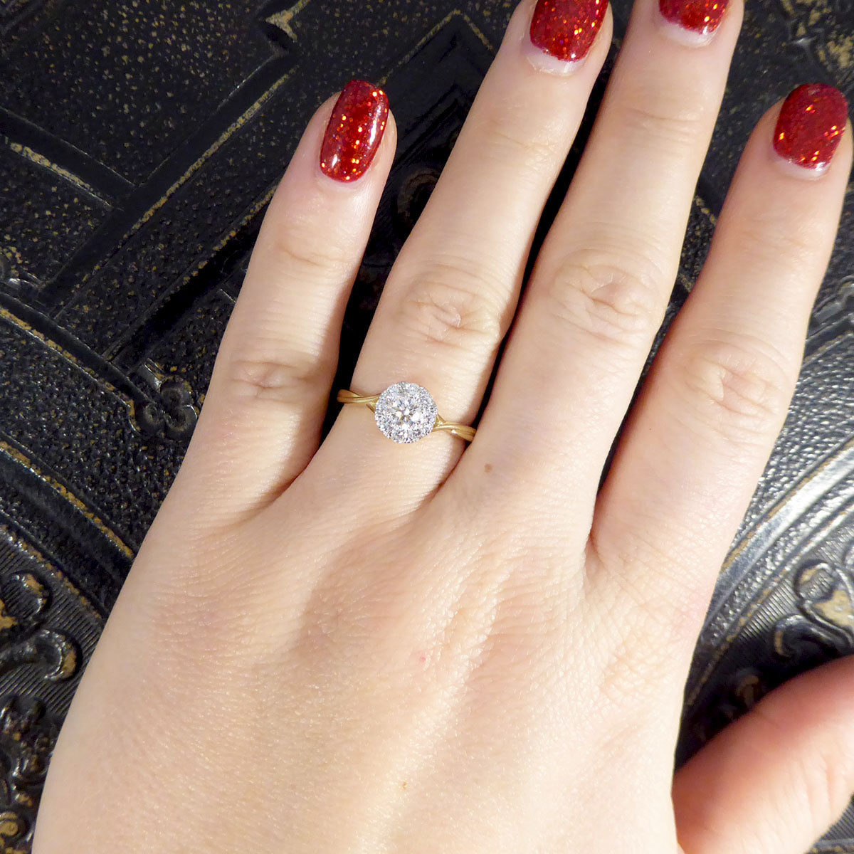 Contemporary 0.50ct Diamond Cluster and 1.75ct Solitaire Look Ring in Yellow Gold - Wharfedale Antiques