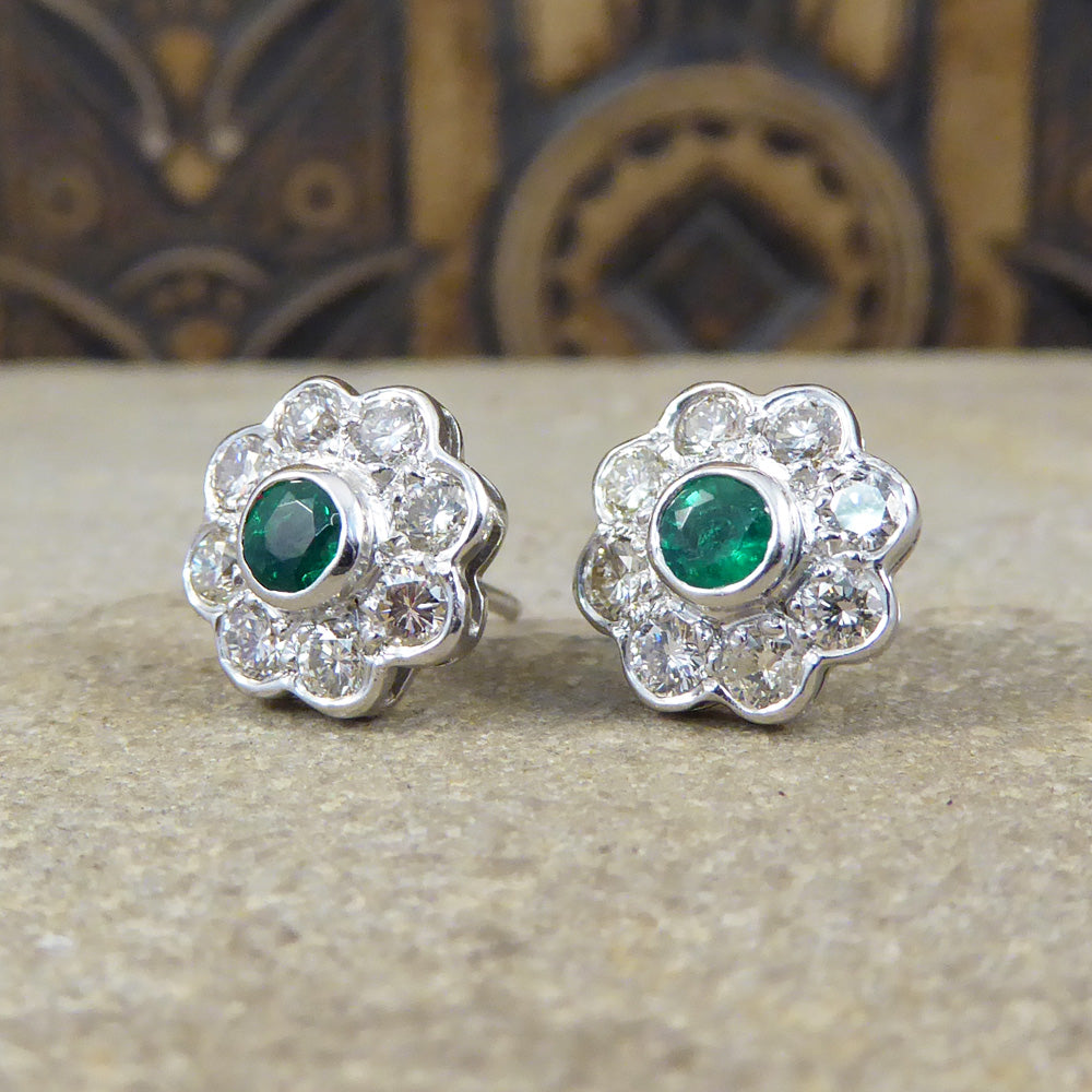 Contemporary Emerald and Diamond Cluster Earrings in 18ct White Gold - Wharfedale Antiques