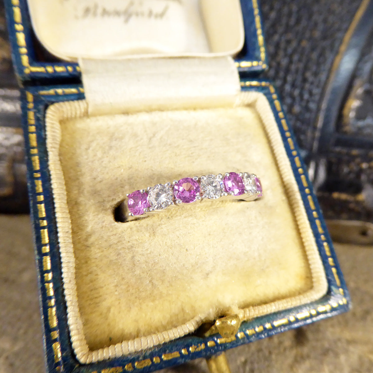 Pink Sapphire and Diamond Half Eternity Ring in 18ct White Gold - Wharfedale Antiques