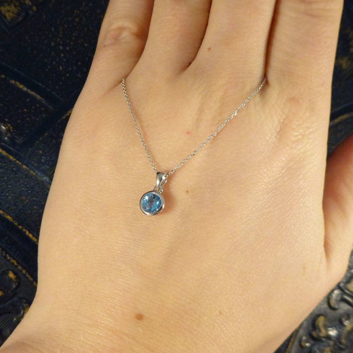 Contemporary Blue Topaz Rub Over Pendant on White Gold Chain - Wharfedale Antiques