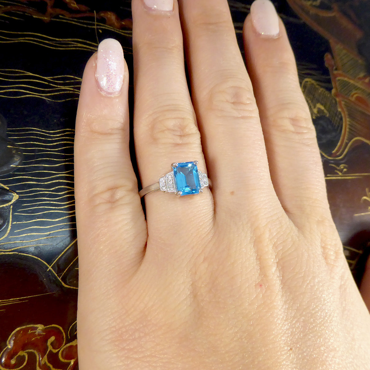 Art Deco Replica Blue Topaz and Diamond Ring in 9ct White Gold - Wharfedale Antiques