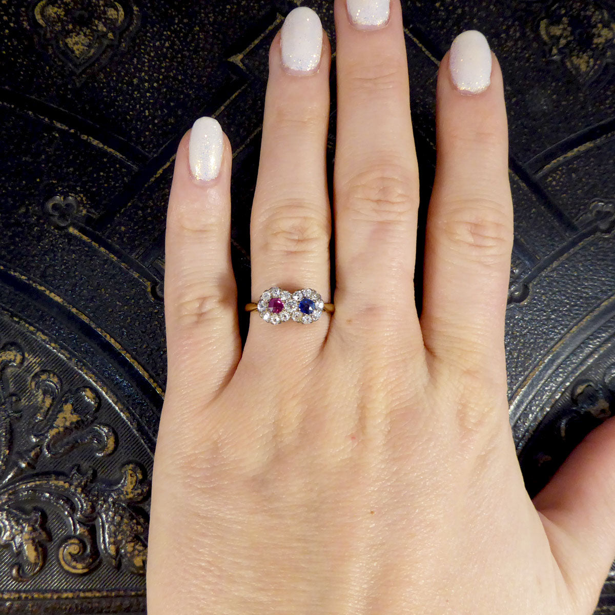 Edwardian Double Sapphire and Ruby Diamond Daisy Cluster Ring in 18ct Yellow Gold - Wharfedale Antiques