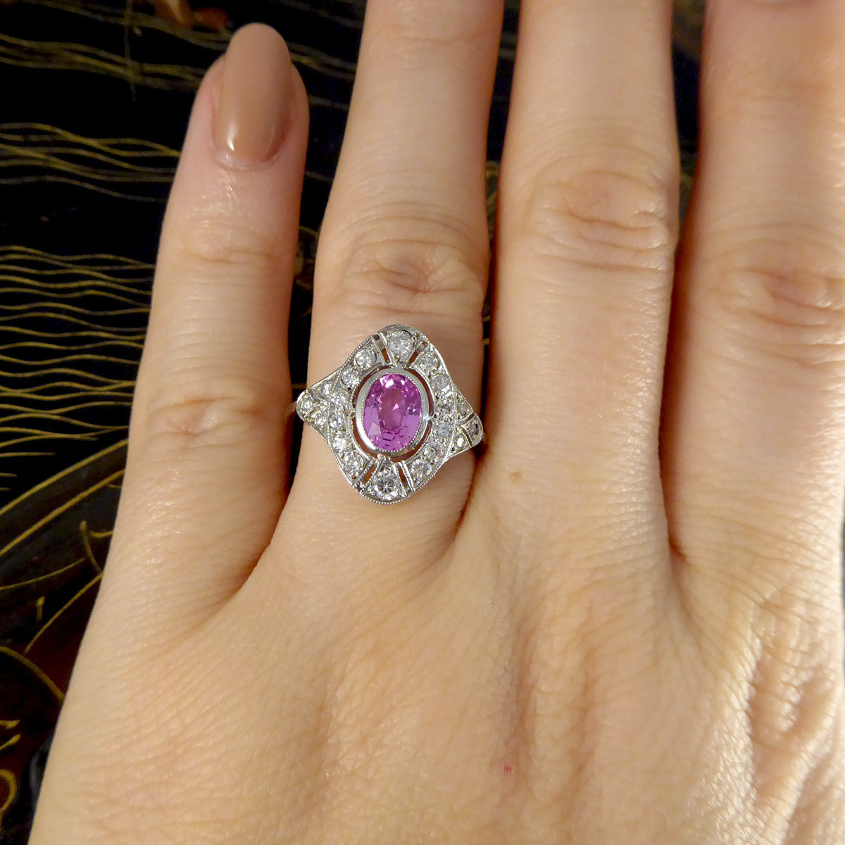 Art Deco Style Pink Sapphire and Diamond Navette Shaped Plaque Ring in Platinum - Wharfedale Antiques