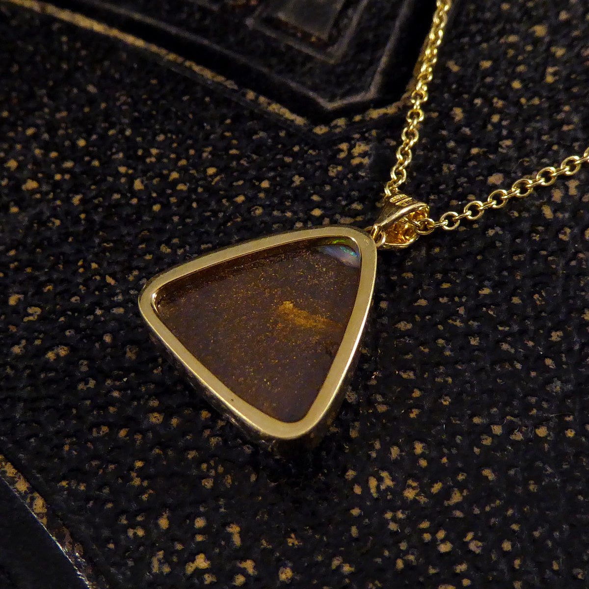 Black Opal Triangular Necklace set in 18ct Yellow Gold on Yellow Gold Trace Chain - Wharfedale Antiques