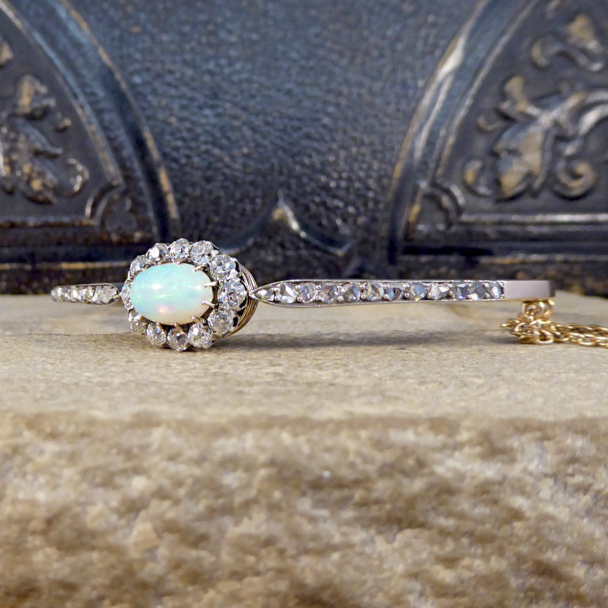Late Victorian Opal and Diamond Cluster Bangle in 14ct Yellow Gold and Silver