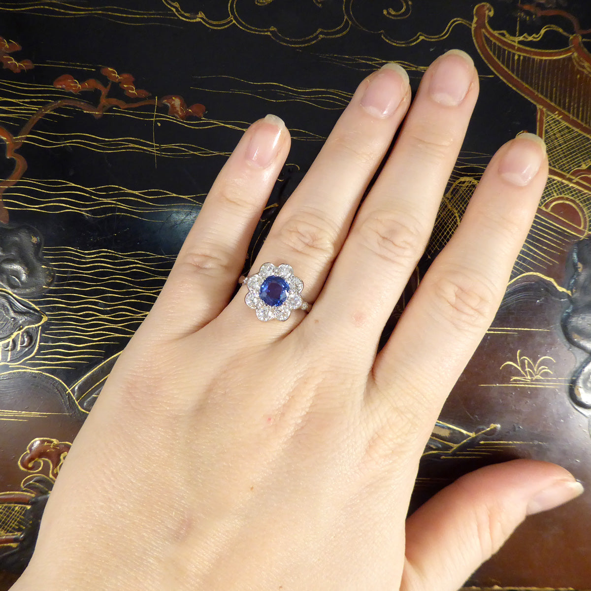 Contemporary Edwardian Style 1.50ct Sapphire and 1.10ct Diamond Cluster Ring in Platinum - Wharfedale Antiques
