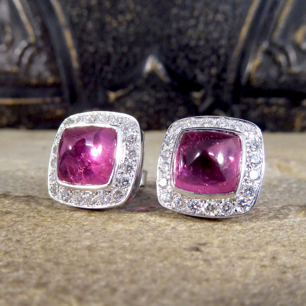 5.78ct Sugarloaf Cut Pink Tourmaline and Diamond Halo Cluster Stud Earrings in 18ct White Gold - Wharfedale Antiques