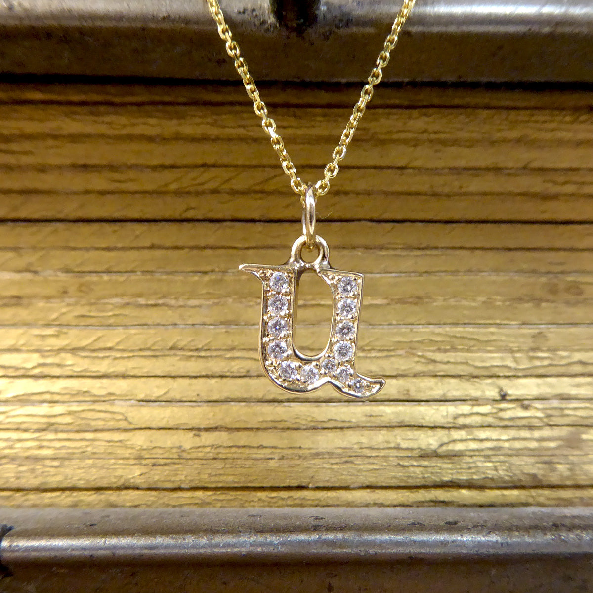 Diamond Set U Initial Pendant in 18ct Yellow Gold on a Yellow Gold Necklace Chain - Wharfedale Antiques