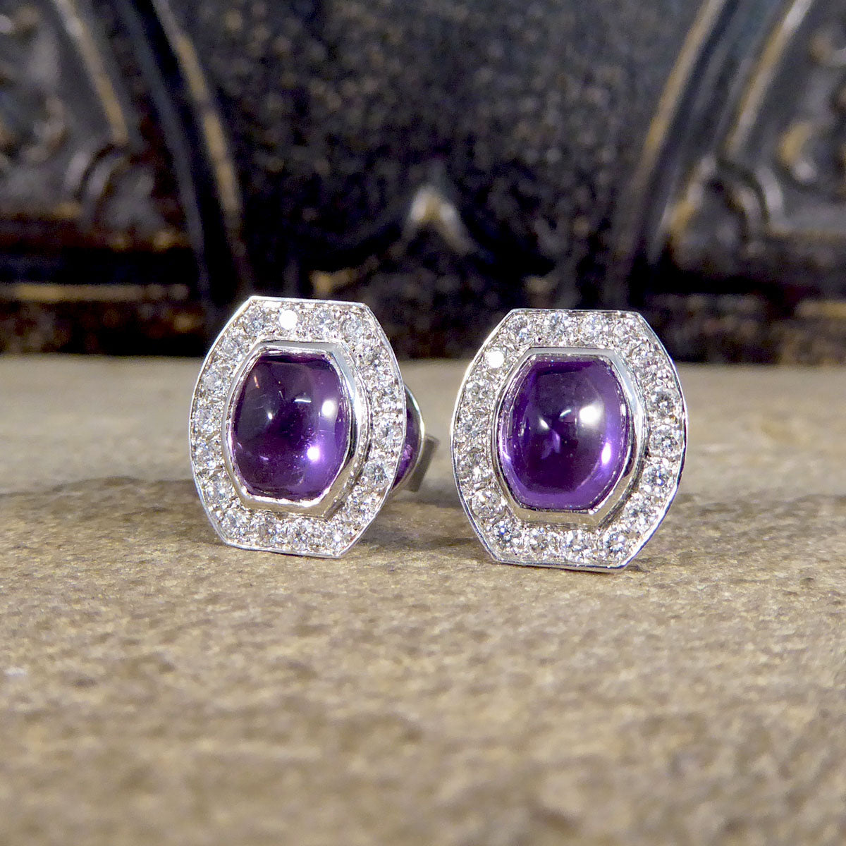 3.40ct Cabochon Cut Purple Sapphire and Diamond Halo Cluster Stud Earrings - Wharfedale Antiques