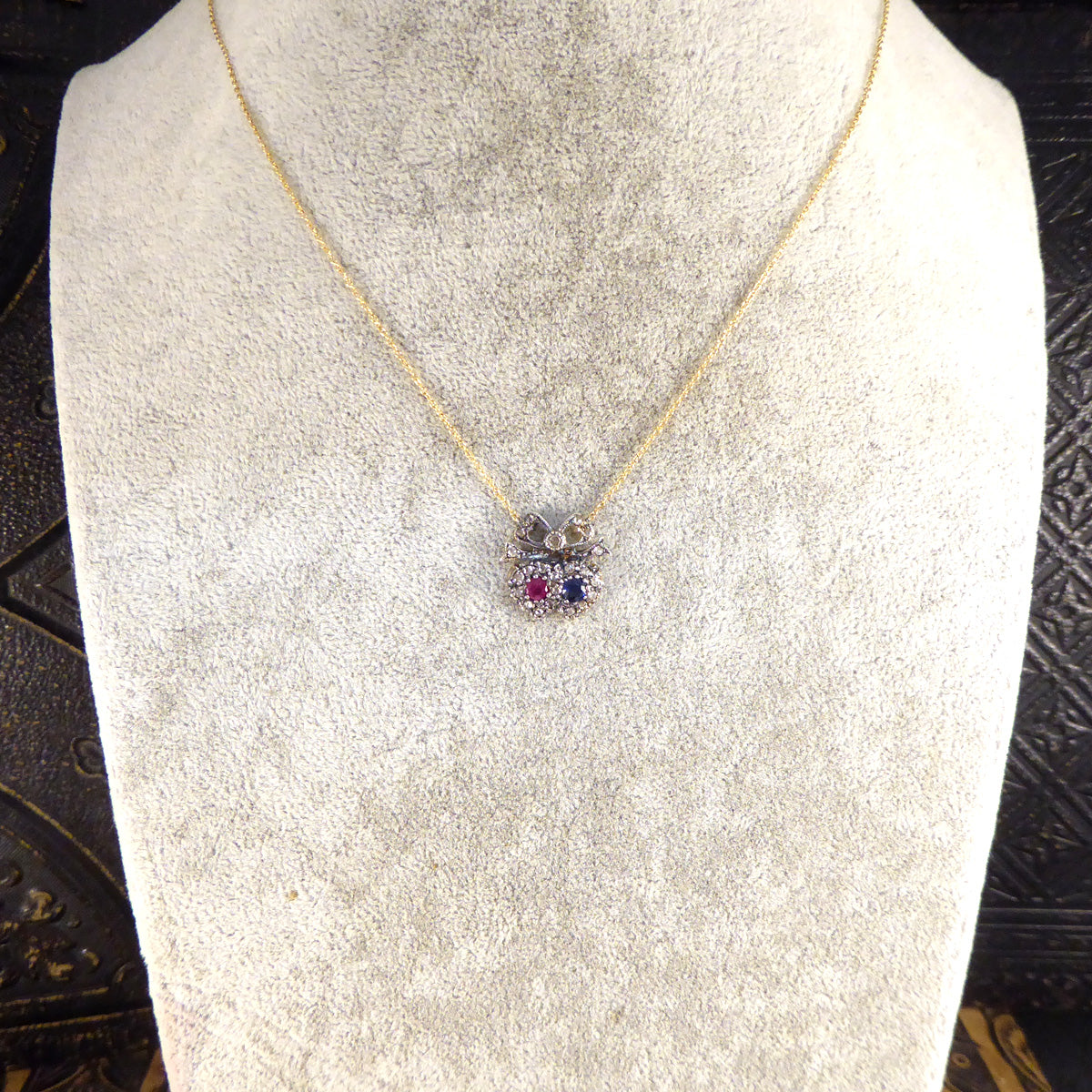 Victorian Inspired Sapphire and Ruby Double Heart Diamond Cluster Necklace with 18ct Yellow Gold Chain