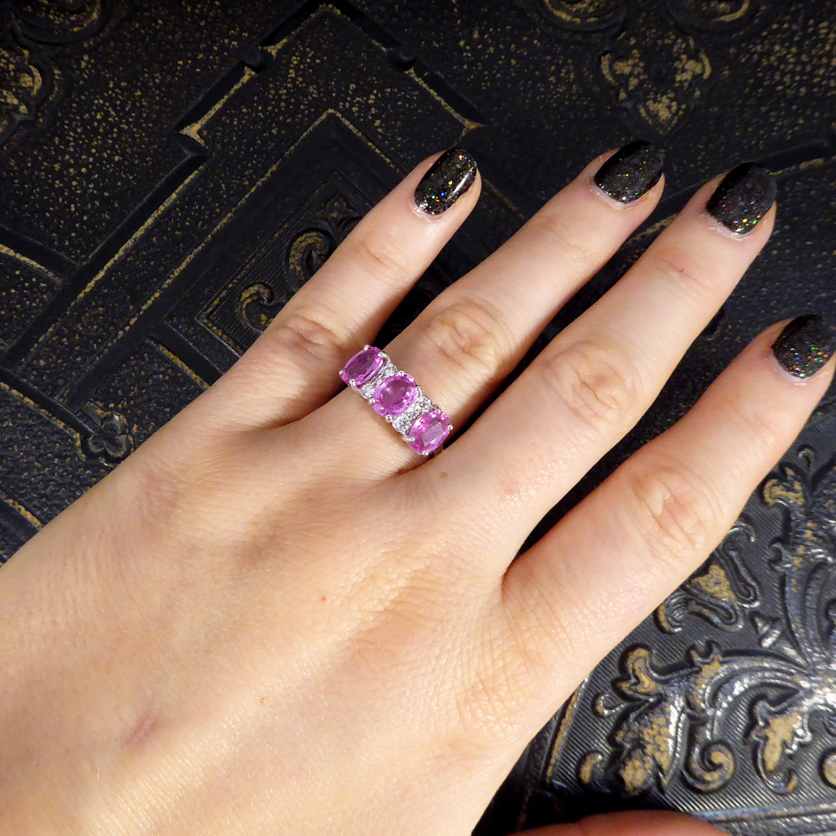 Pink Sapphire Three Stone Ring with Diamond Spacers in 18ct White Gold - Wharfedale Antiques