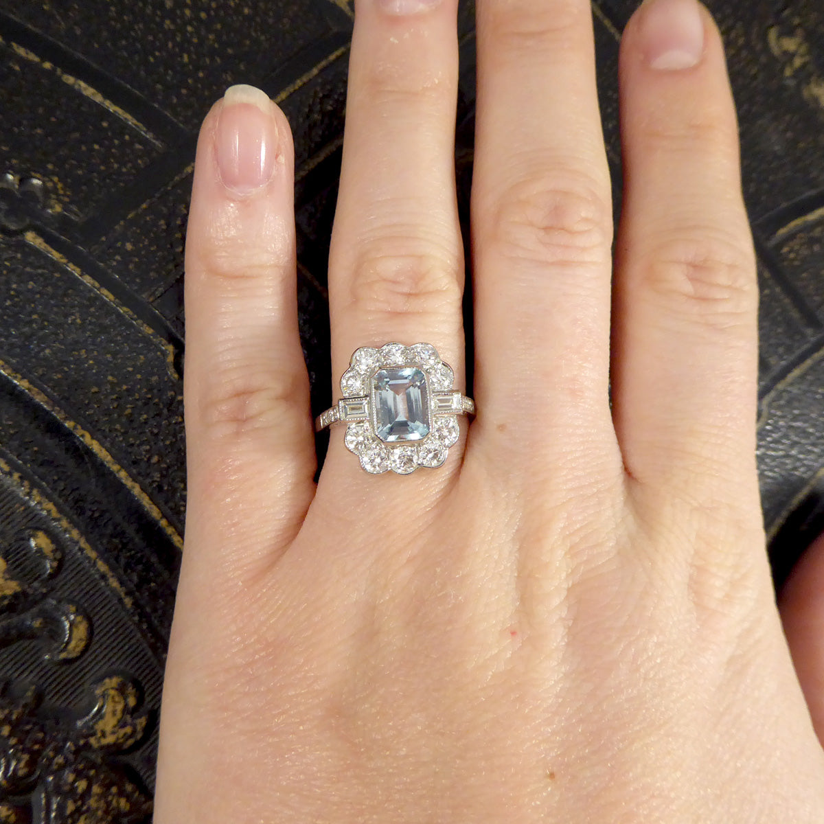 Contemporary Edwardian Style 1.30ct Aquamarine and Diamond Ring in Platinum - Wharfedale Antiques
