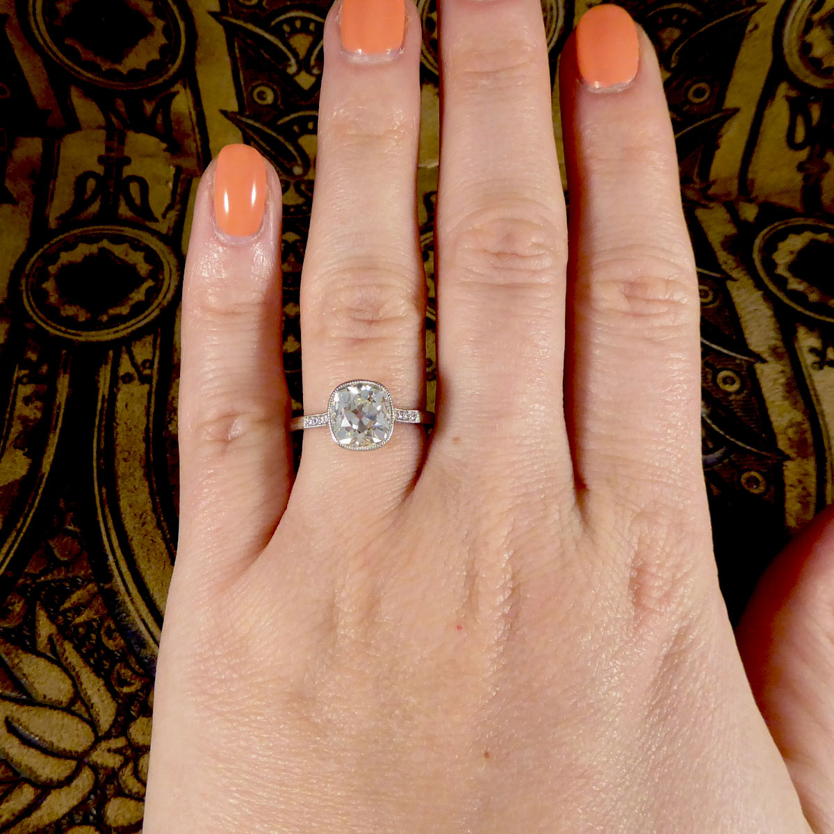 2.35ct Old Cushion Cut Diamond Collar Set Solitaire Engagement Ring with Diamond Shoulders in Platinum - Wharfedale Antiques