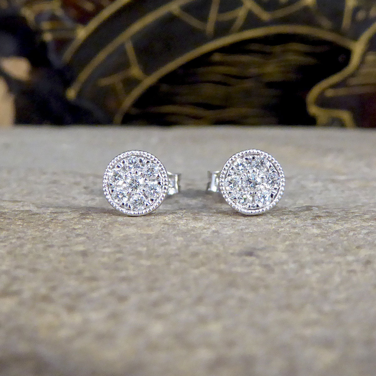 Diamond Cluster Stud Earrings in 9ct White Gold Milgrain Circular Setting - Wharfedale Antiques