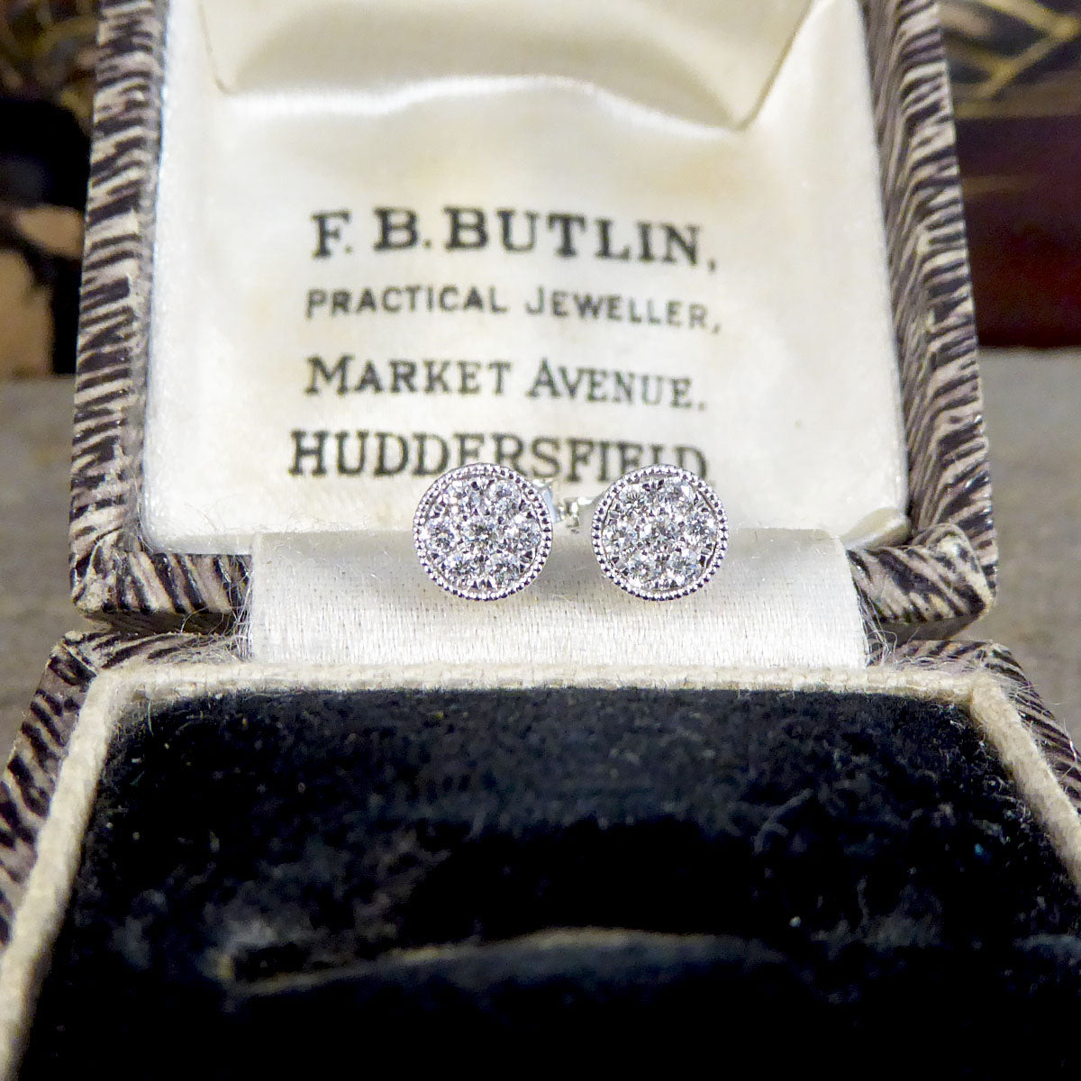 Diamond Cluster Stud Earrings in 9ct White Gold Milgrain Circular Setting - Wharfedale Antiques