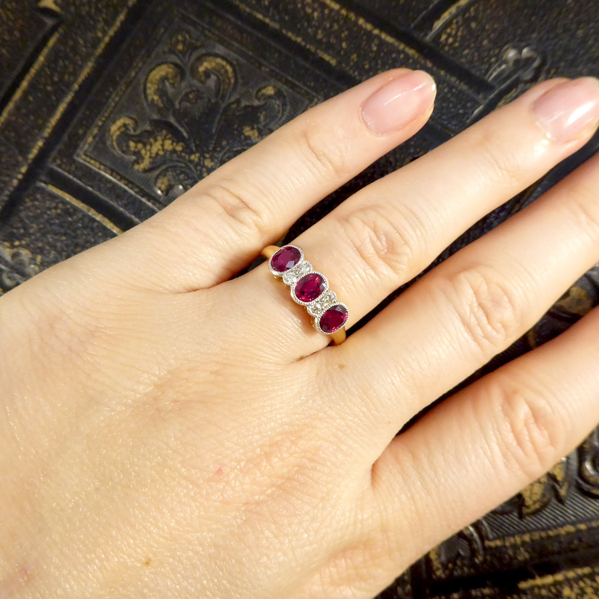 Quality Burma Ruby Three Stone Ring with Diamond Spacers in 18ct Yellow and White Gold - Wharfedale Antiques