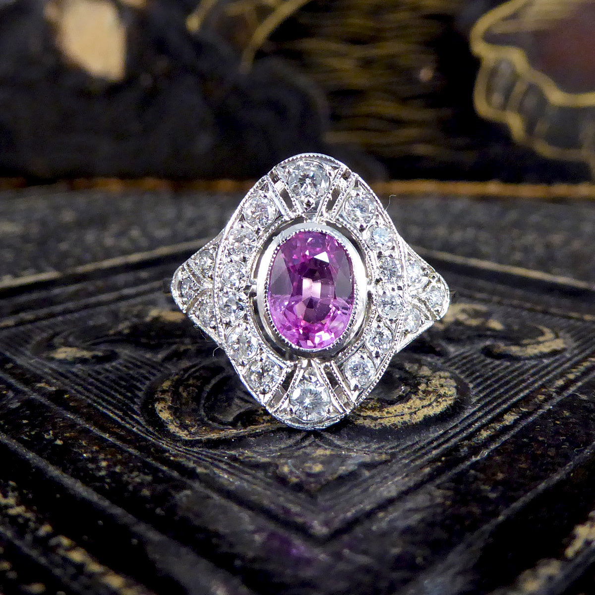 Art Deco Style Pink Sapphire and Diamond Navette Shaped Plaque Ring in Platinum - Wharfedale Antiques