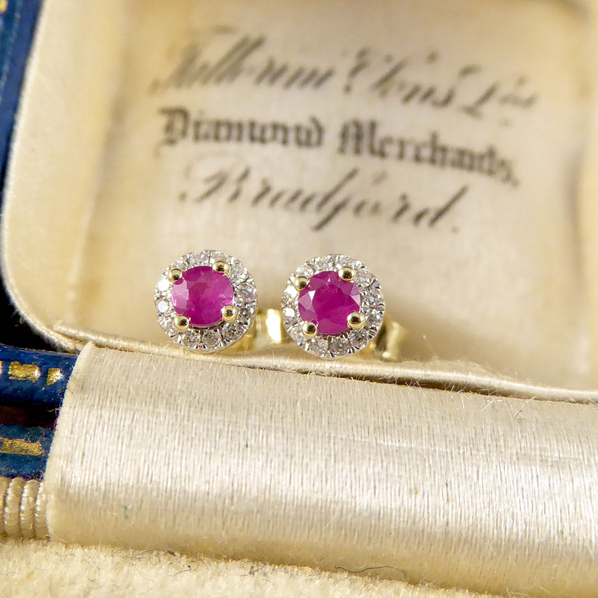 Ruby and Diamond Target Cluster Stud Earrings in 9ct Yellow and White Gold - Wharfedale Antiques