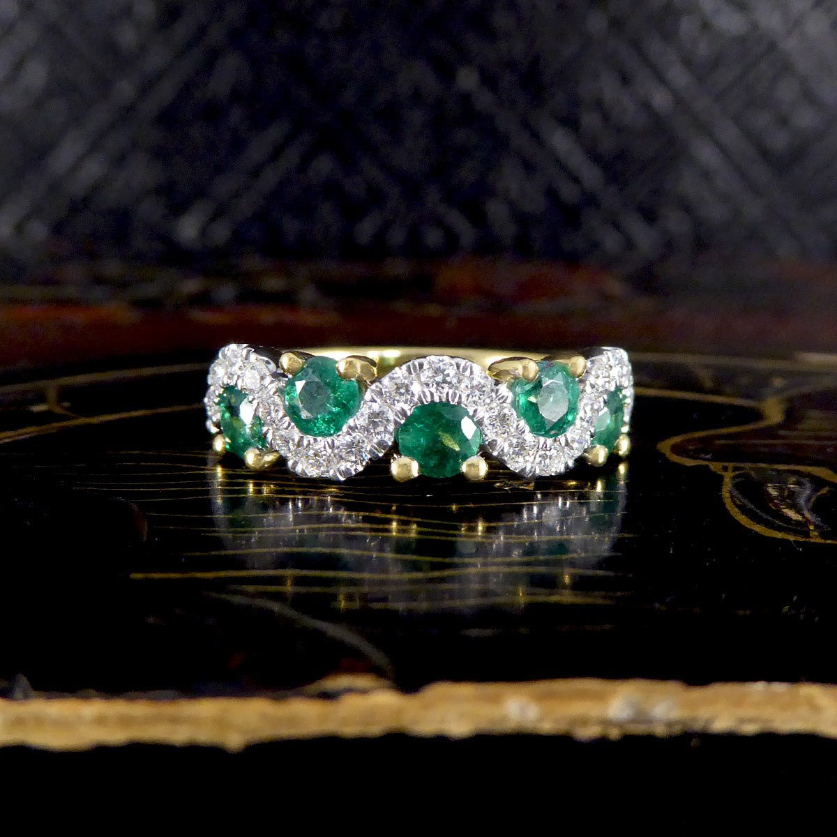 Emerald and Diamond Lazy River Band Ring in 18ct Yellow Gold - Wharfedale Antiques