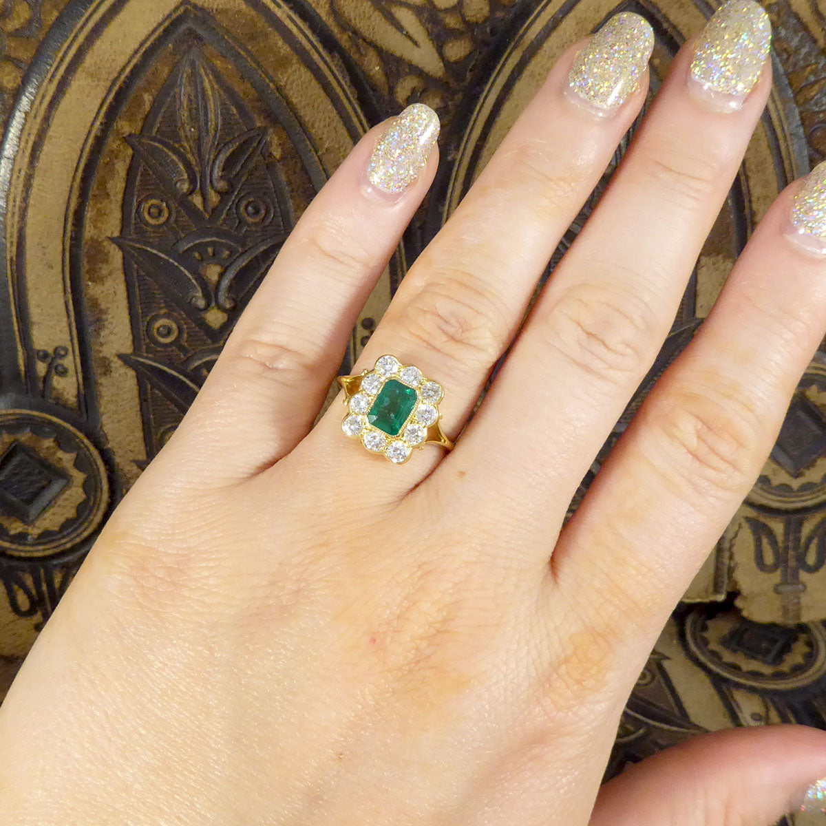 Contemporary Edwardian Style 0.90ct Emerald and 0.90ct Diamond Cluster Ring in 18ct Yellow Gold