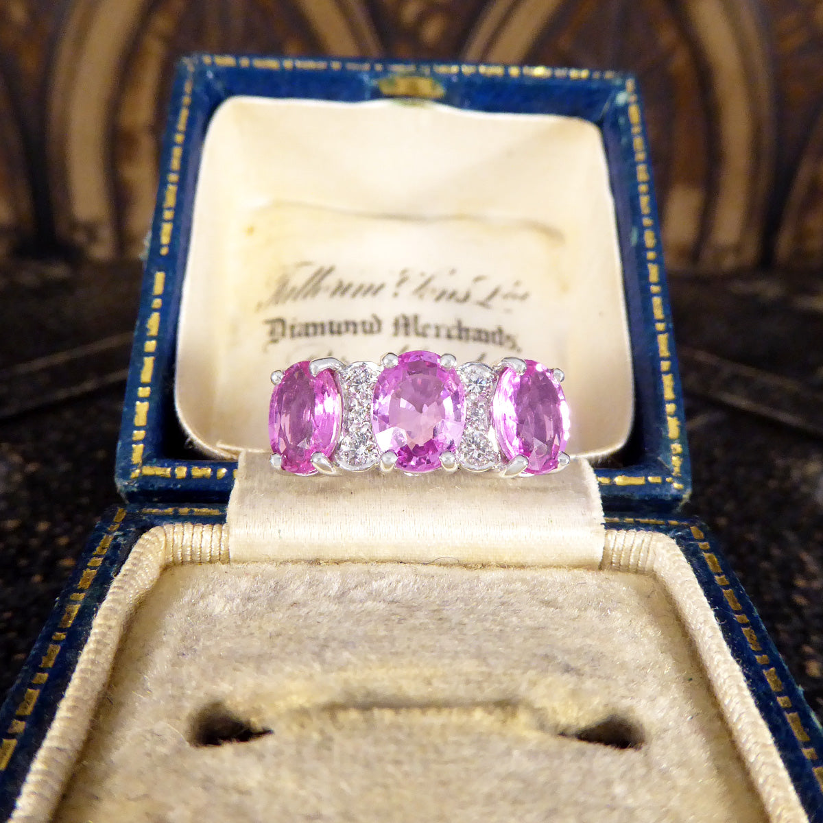 Pink Sapphire Three Stone Ring with Diamond Spacers in 18ct White Gold - Wharfedale Antiques