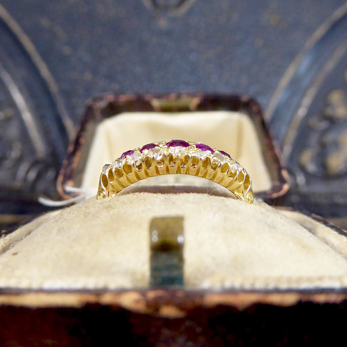 Late Victorian Ruby Five Stone and Diamond Cluster Ring in 18ct Yellow Gold - Wharfedale Antiques
