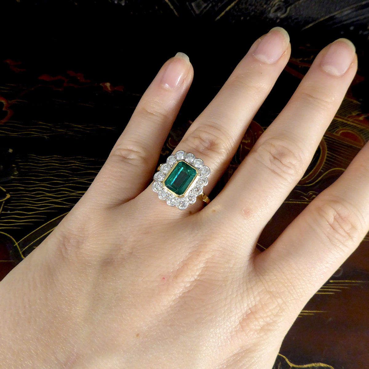 Contemporary Edwardian Style 2.50ct Emerald and 1.20ct Diamond Cluster Ring in 18ct Gold - Wharfedale Antiques