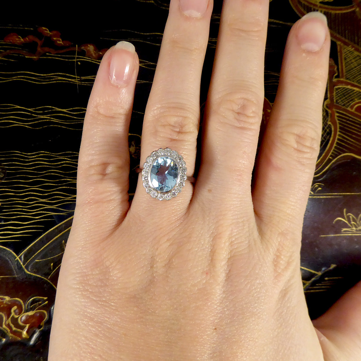 Edwardian Inspired 2.25ct Aquamarine and Diamond Cluster Ring in Platinum - Wharfedale Antiques