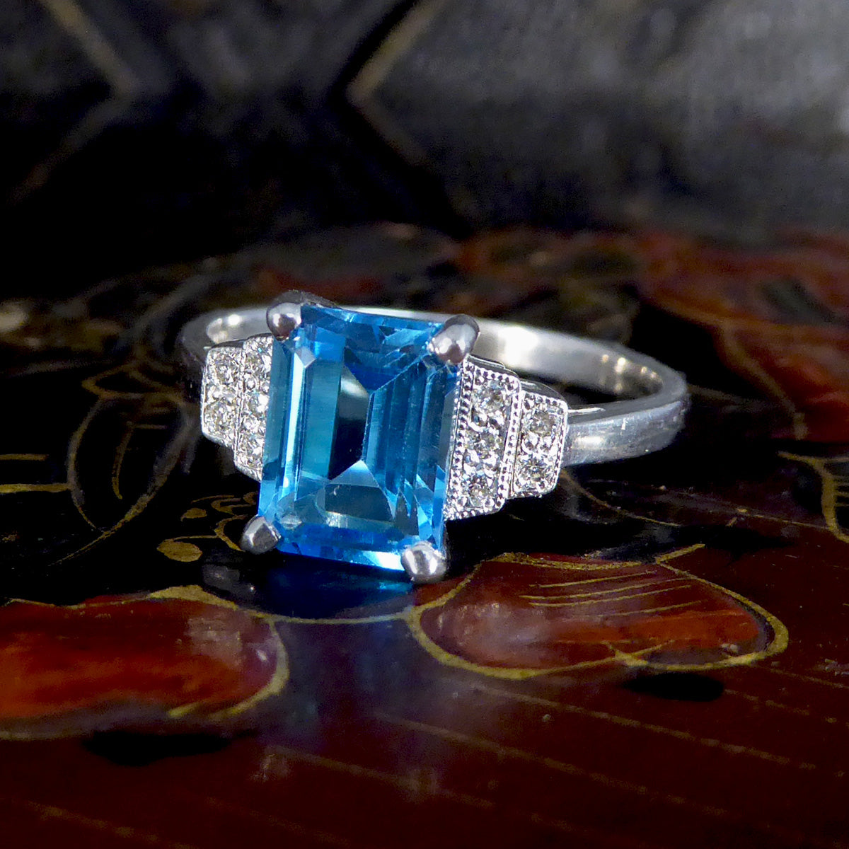 Art Deco Replica Blue Topaz and Diamond Ring in 9ct White Gold - Wharfedale Antiques