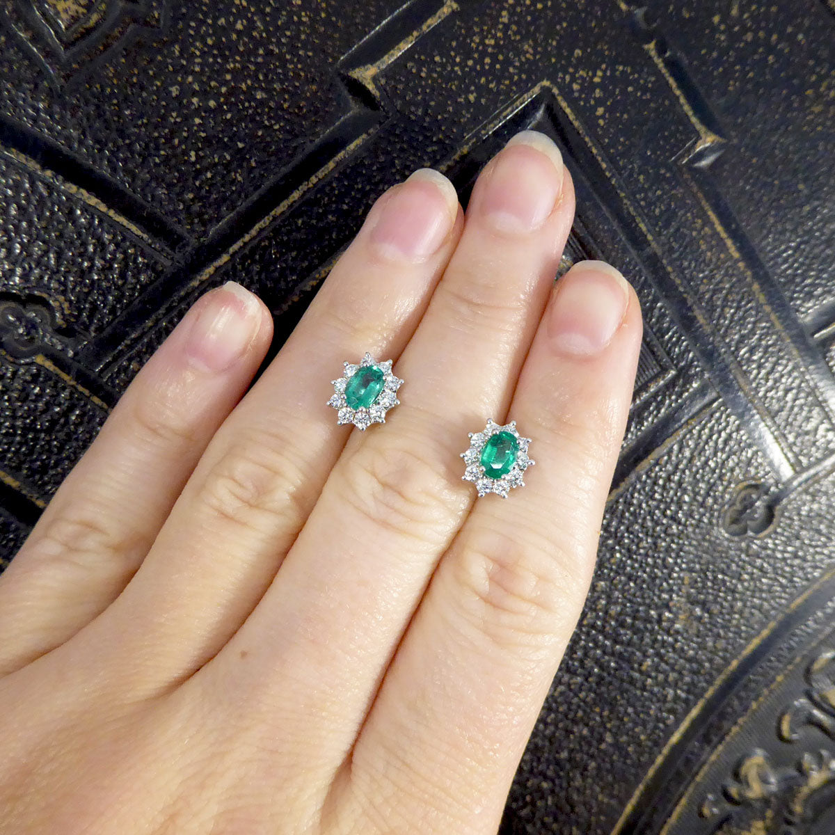 Contemporary Emerald and Diamond Cluster Earrings in 18ct White Gold - Wharfedale Antiques