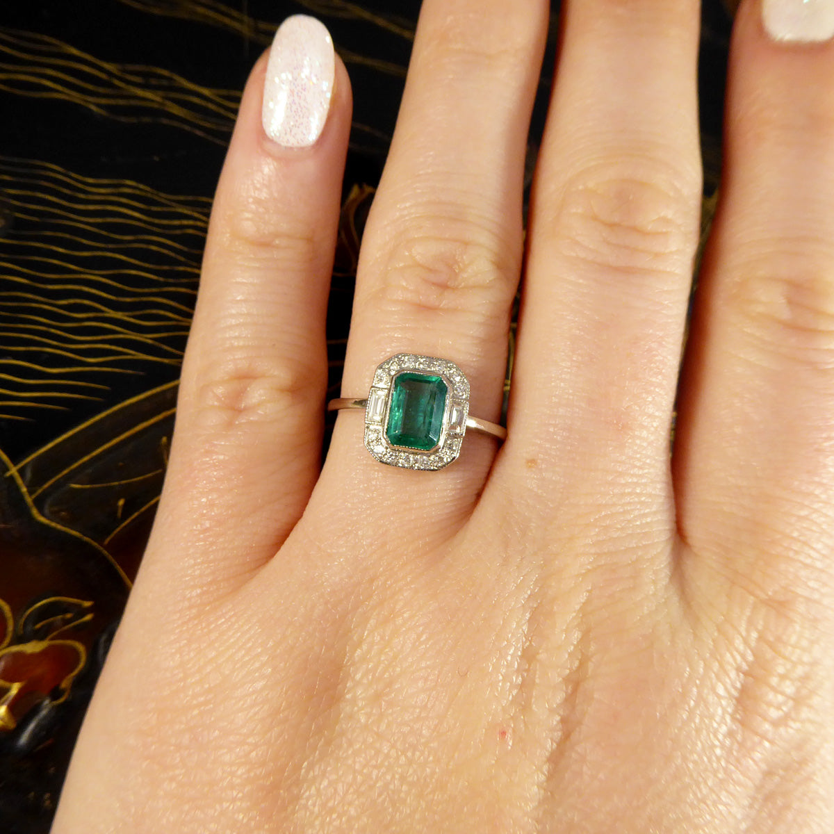 Art Deco Inspired 0.90ct Emerald and Diamond Cluster Ring in Platinum - Wharfedale Antiques