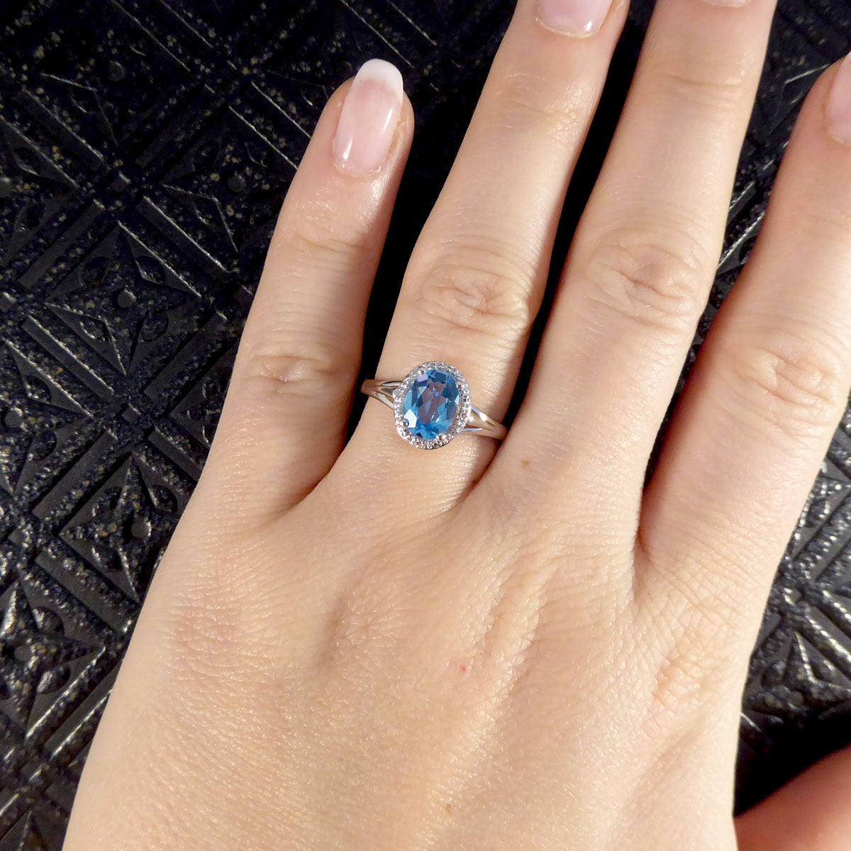 Oval Blue Topaz and Diamond Illusion Halo Cluster Ring in White Gold - Wharfedale Antiques