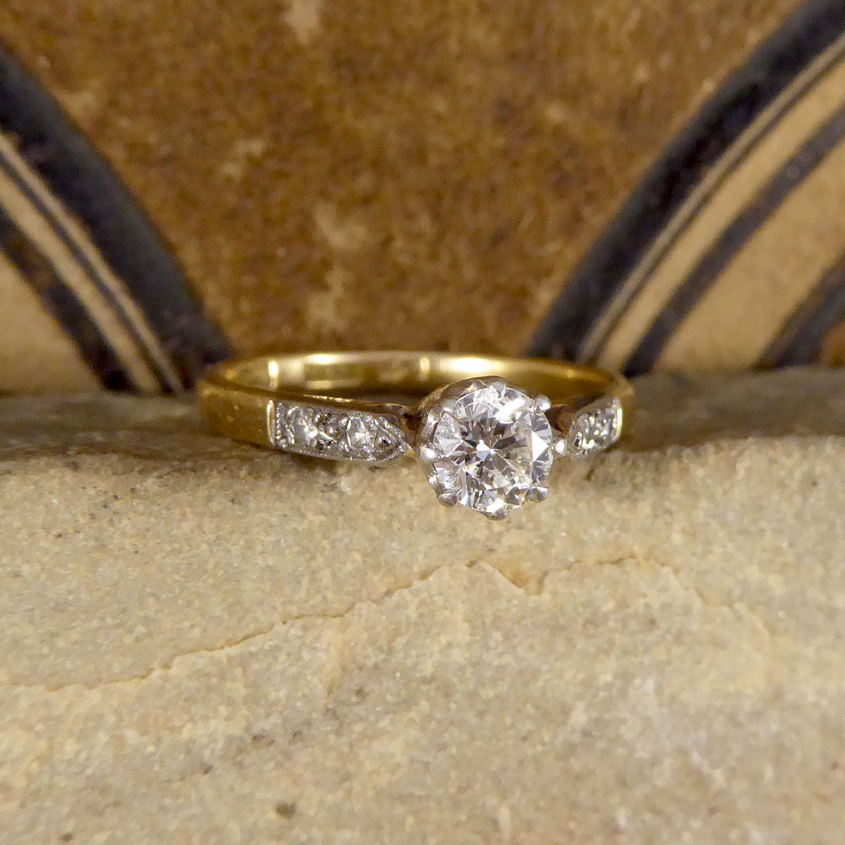 1920's Diamond Solitaire Ring with Diamond set Shoulders in 18ct Yellow Gold and Platinum - Wharfedale Antiques